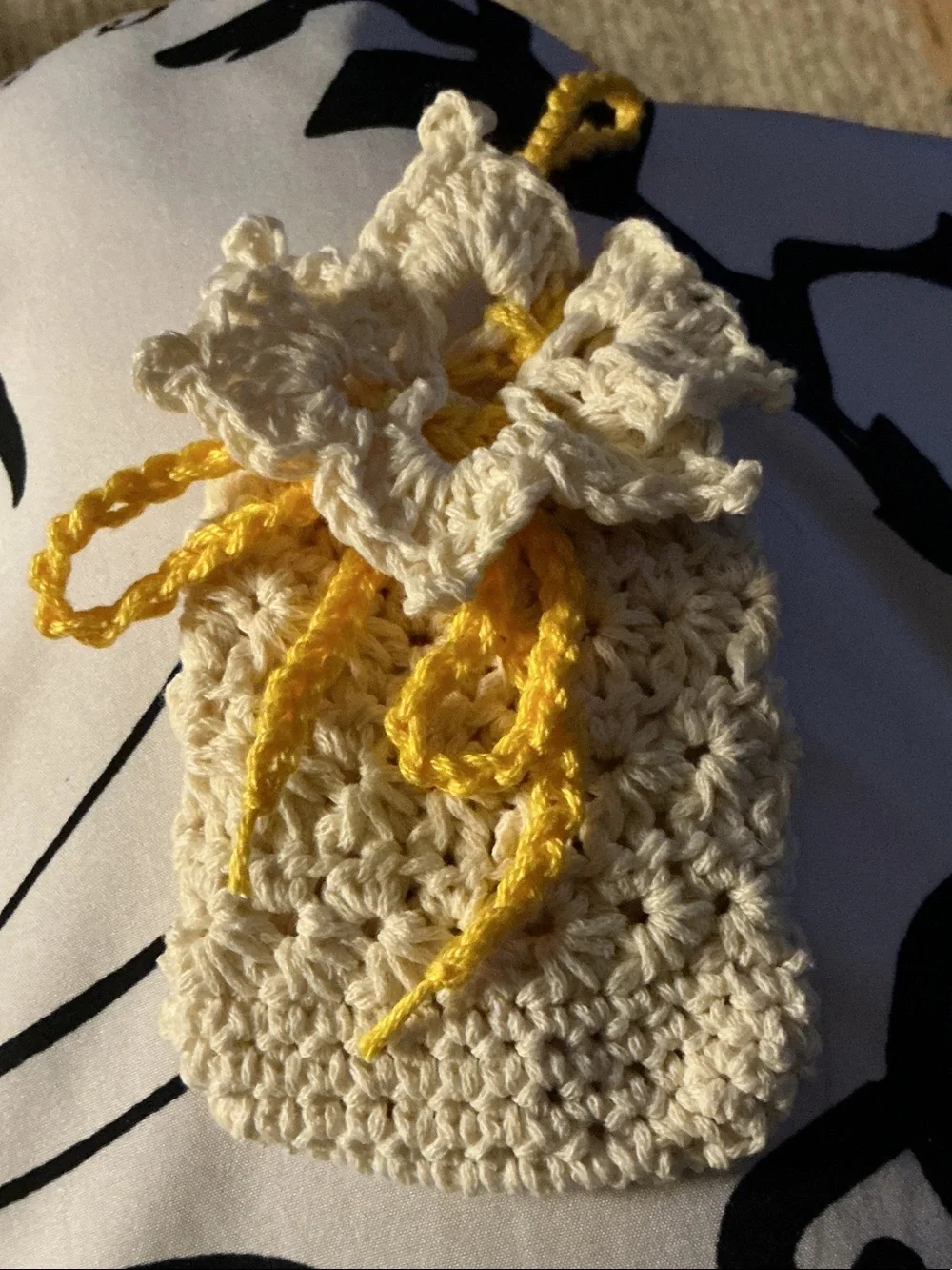 Cream Crochet Drawstring Soap Saver pouch with Yellow Accents